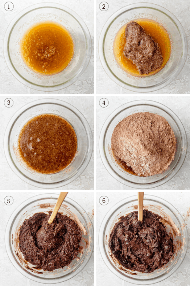 Process shots collage showing how to mix the wet ingredients and then adding the dry ingredients