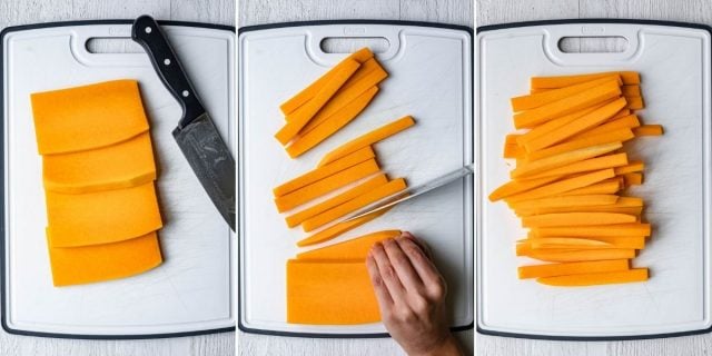 Three photo collage showing how to cut the butternut squash into sticks