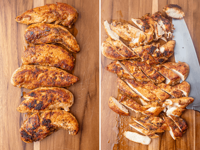 Resting the chicken tenders, then slicing them to use in the wraps