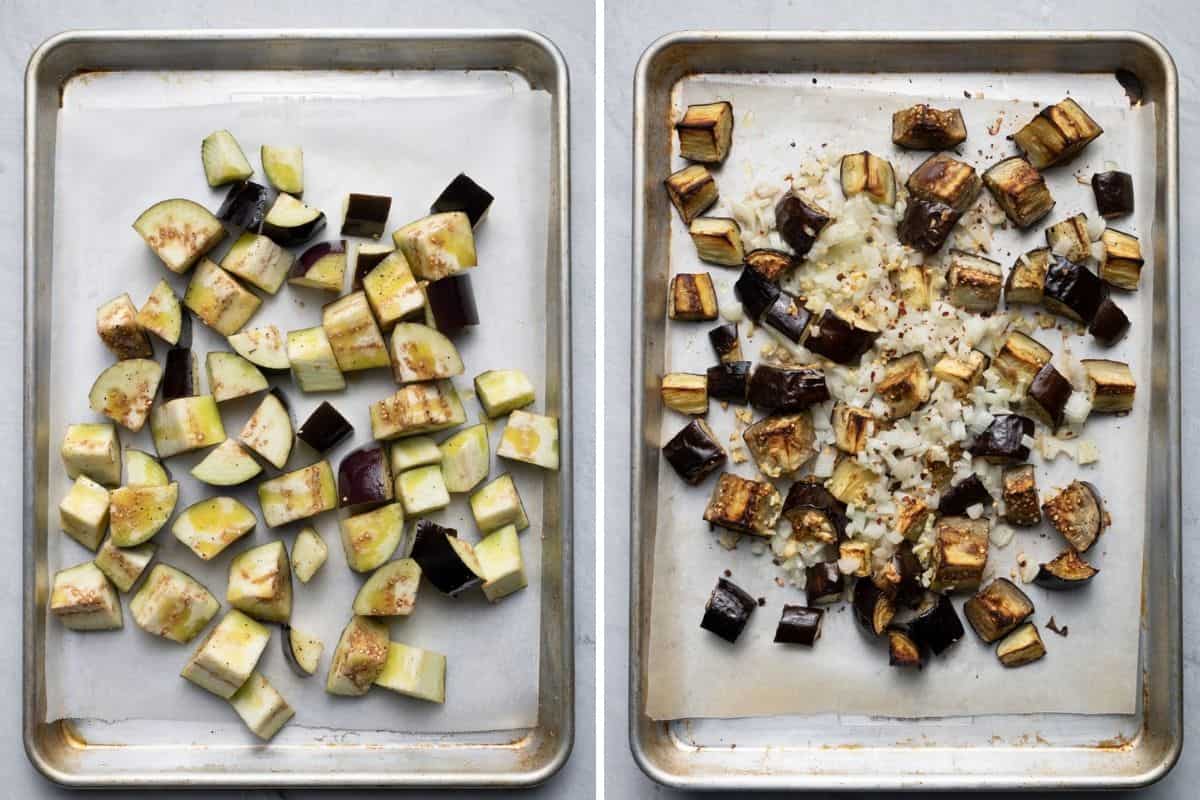 2 image collage to show how to roast the eggplant