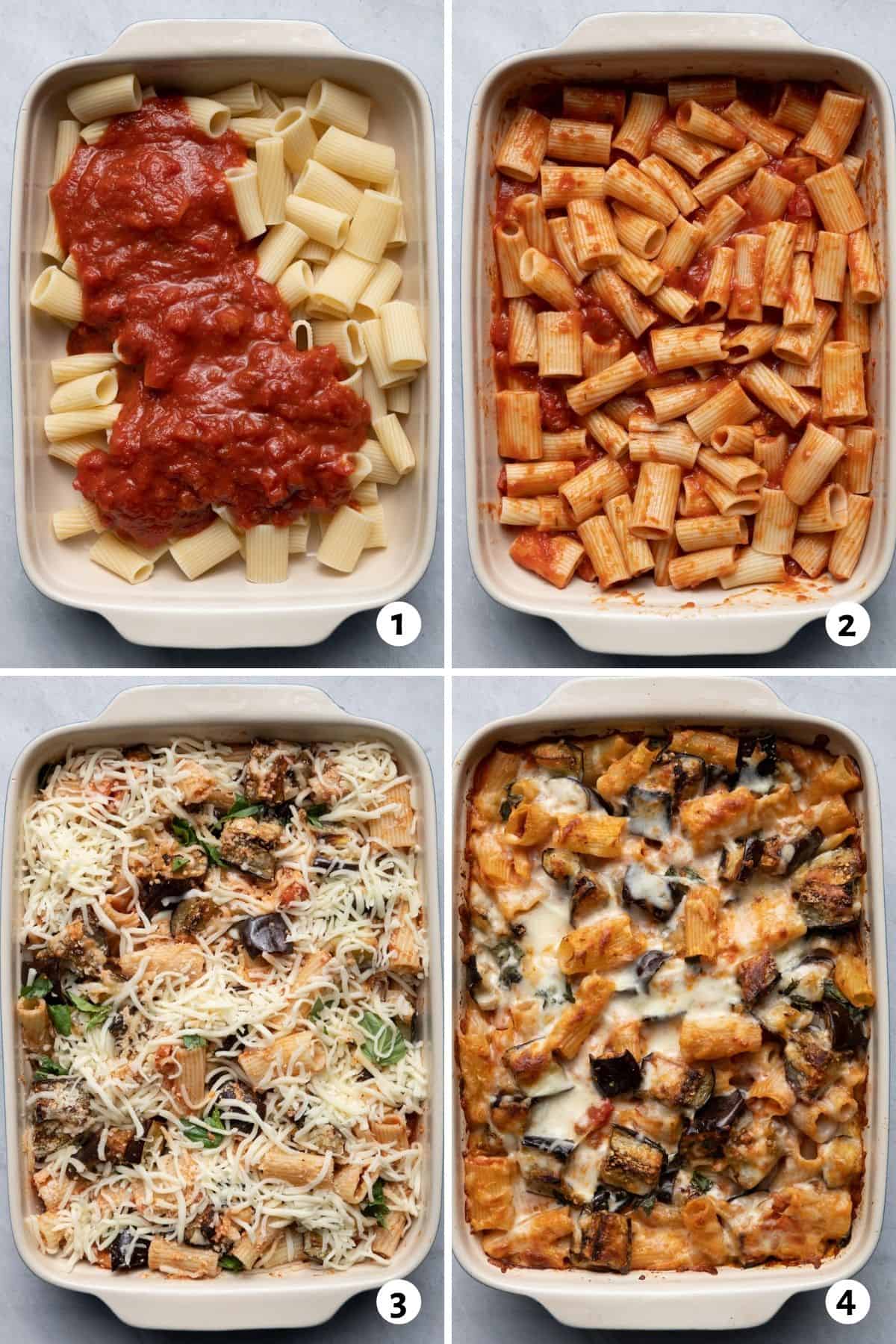 4 image collage to show how to assemble the casserole