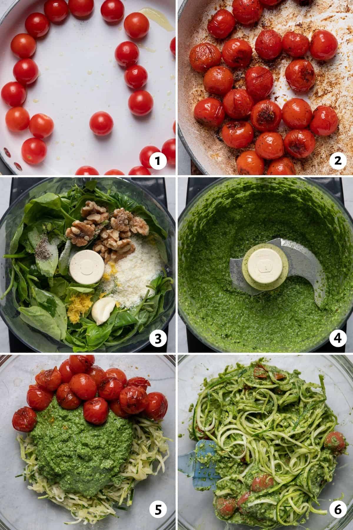 6 image collage to show how to cook the tomatoes, make the pesto and then assemble everything together