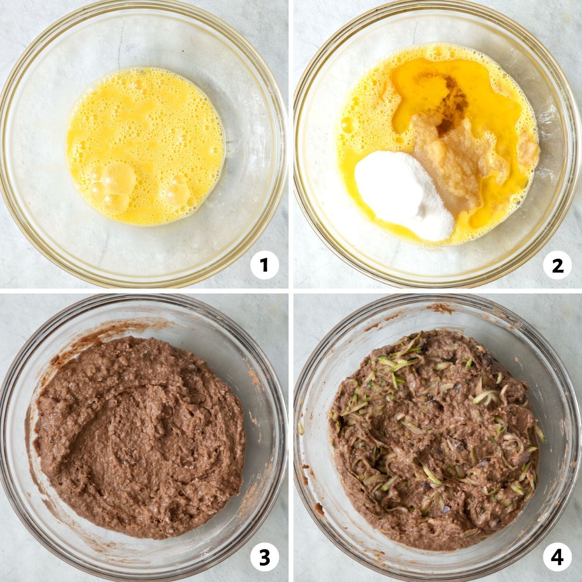 4 image collage of mixing ingredients in a bowl.