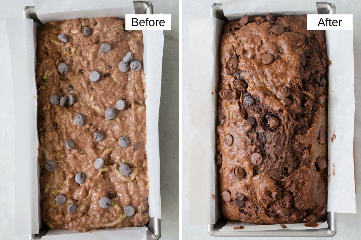 Before and after collage of bread batter in a loaf pan and then baked.