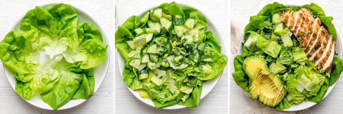 3 image collage to show the steps to build the salad