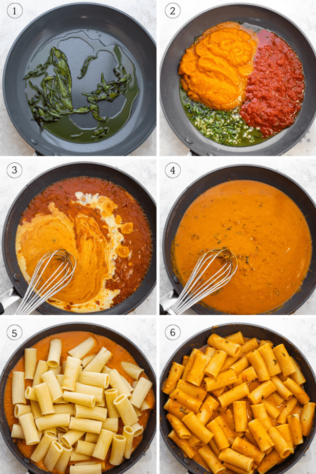 Process shots showing how to make the sauce and then adding the pasta on top and tossing it together