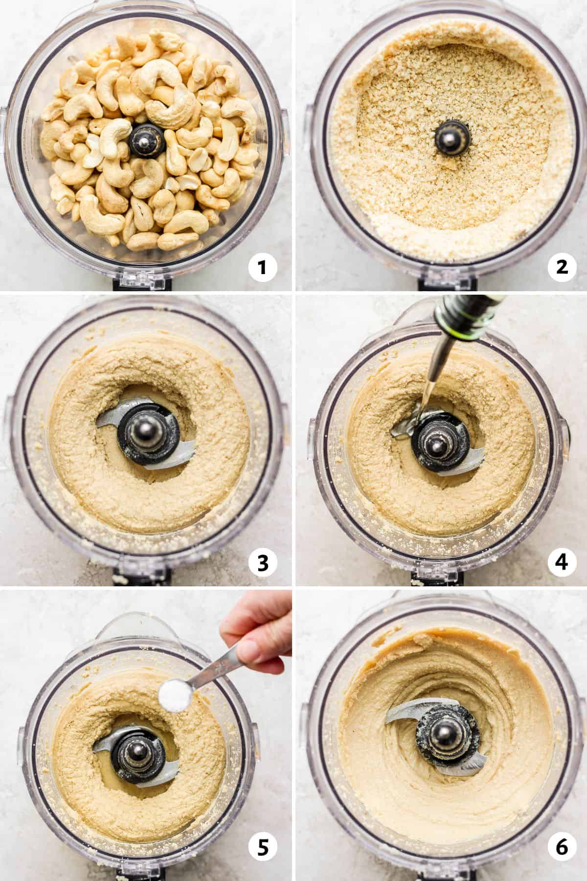 6 image collage on how to make recipe in food processor by blending, adding oil, adding salt, and then blending until smooth and creamy.