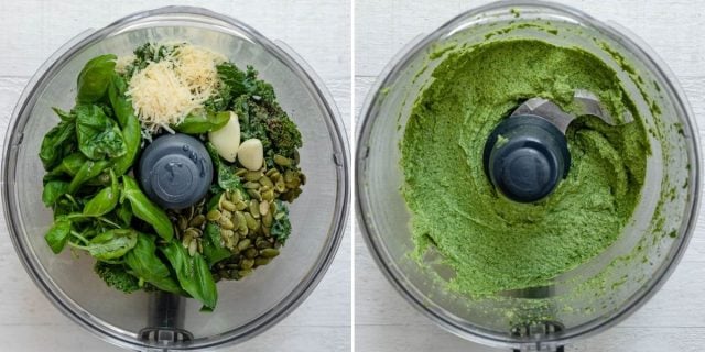 Two image collage of ingredients in blender before and after blending