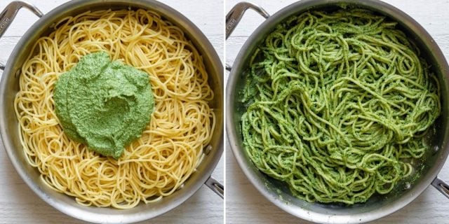 Two image collage of pasta with sauce on top before and after mixing