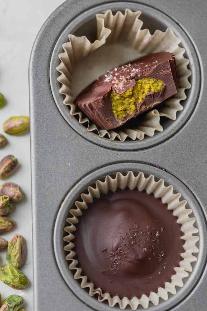close up of Pistachio Butter Cup with bite taken out