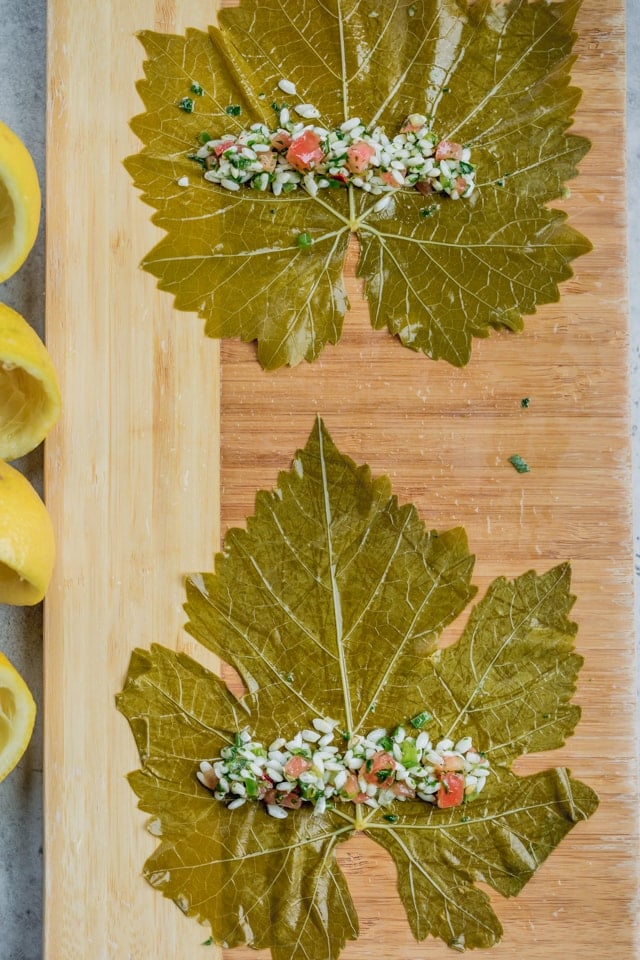 Rolling Vegetarian Stuffed Grape Leaves - two open leaves with a line of the rice mixture laid in the middle of each. Squeezed lemons on the side.