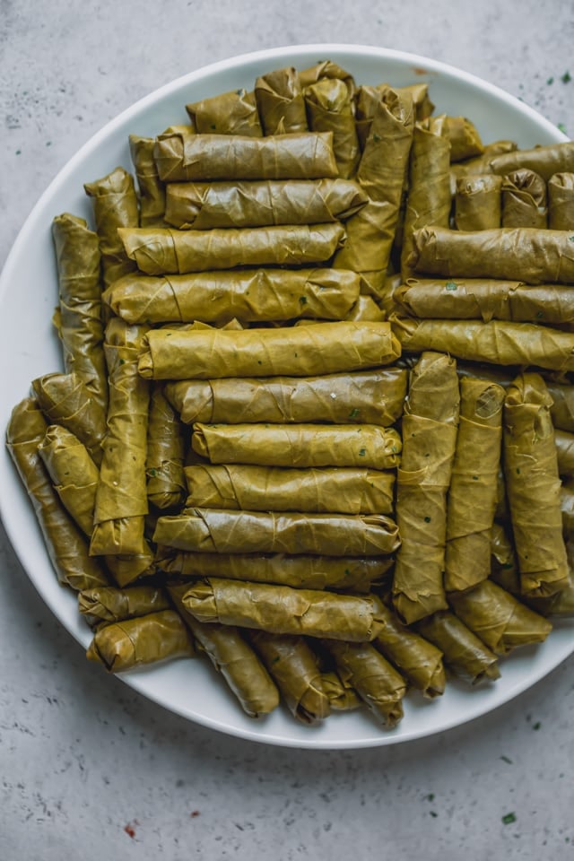 Vegetarian Stuffed Grape Leaves rolled up on a plate