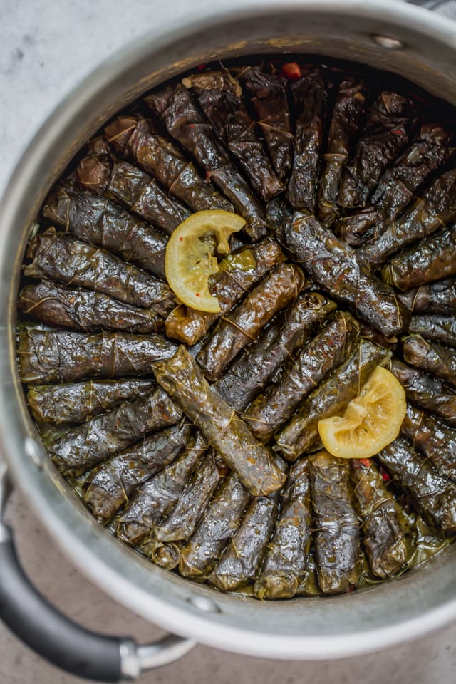 Vegetarian Stuffed Grape Leaves rolled up and stacked in a deep pot with seasoning on top and two slices of lemons - after finished cooking