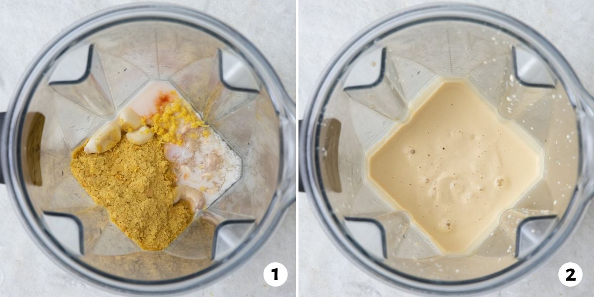 2 image collage of blender with ingredients for recipe before and after being blended.