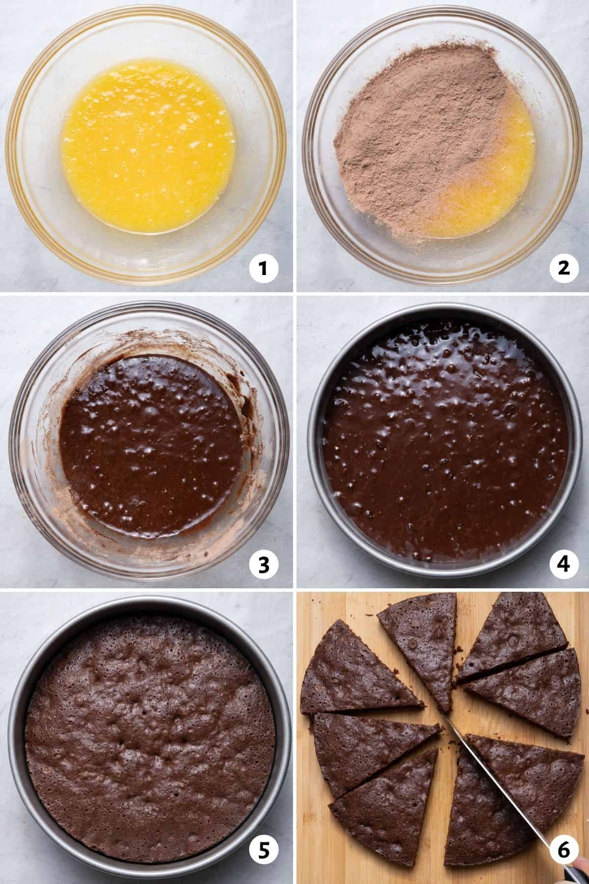 6 image collage to show how to blend the ingredients, pour into baking dish and then bake and slice into 8 triangles