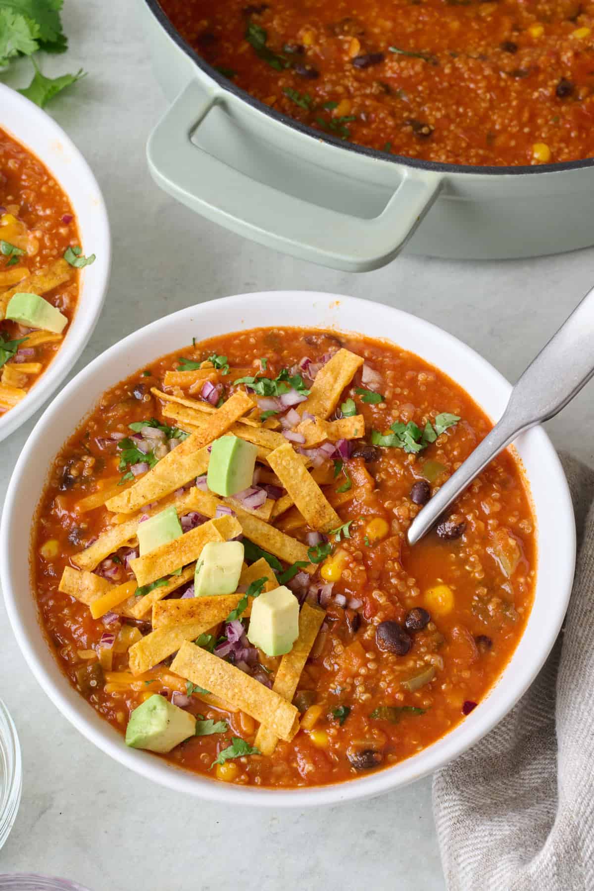Bowl of quinoa and bean vegetarian soup with crunchy tortilla strips on top and a spoon dipped in.