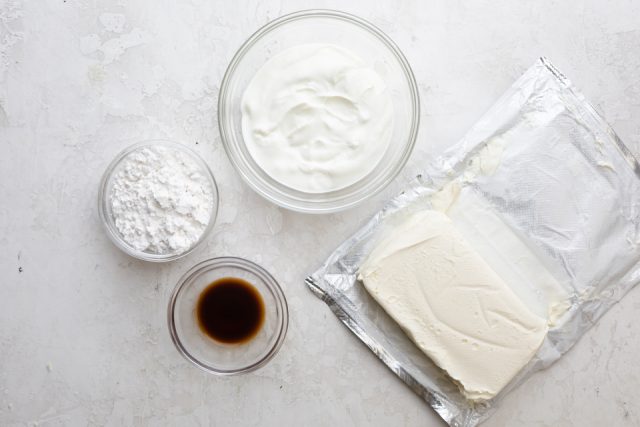 Cream cheese frosting ingredients: cream cheese, Greek yogurt, powdered sugar and vanilla extract