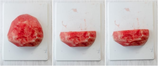 Process shots for cutting watermelon in large cubes