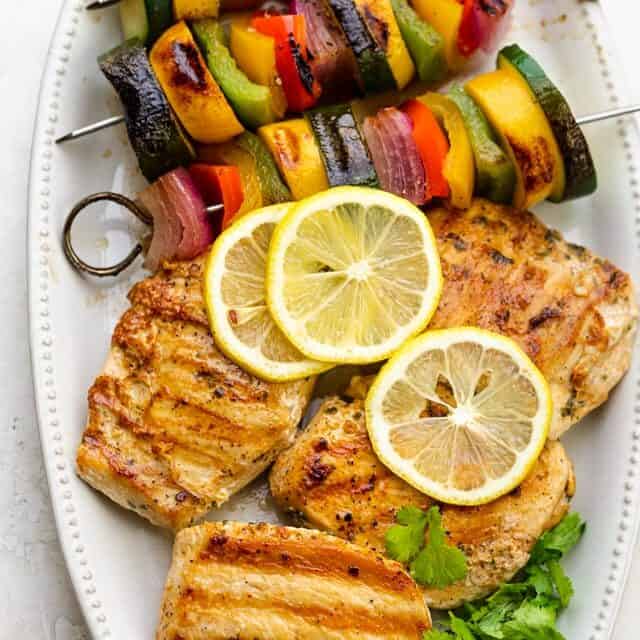 Cilantro chicken grilled with grille veggie skewers