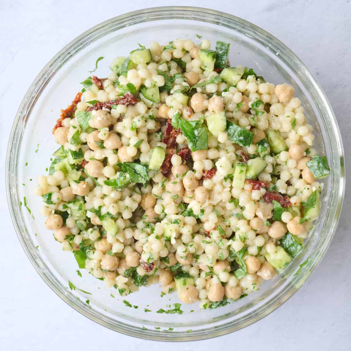 Pearl couscous salad after mixing together.