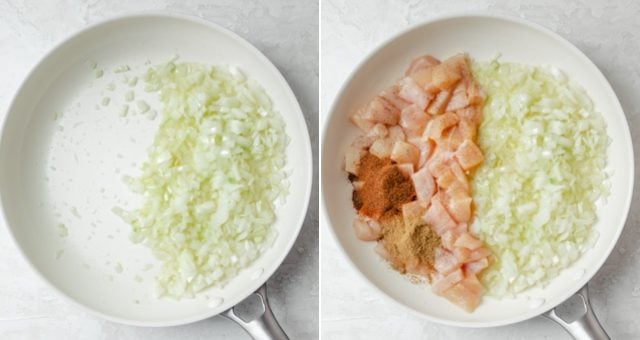 Collage of two images showing the onions getting sauteed, then the chicken, garlic and spices getting added