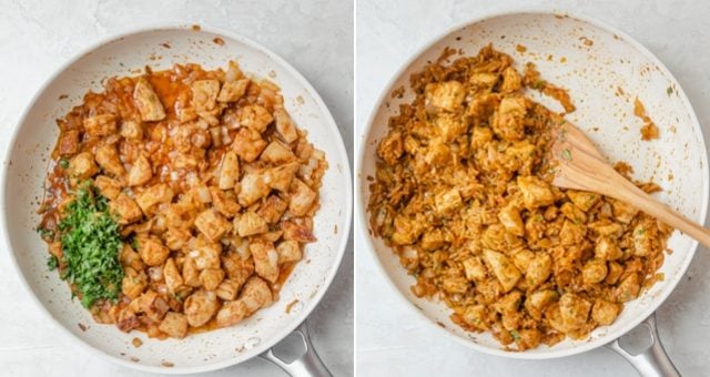 Collage of two images showing the chicken, onions and spices cookied, then the cilantro and rice added