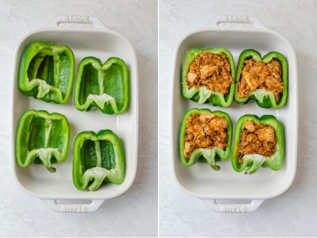 Collage of two images showing the peppers hallowed out, and then stuffed with the rice mixture