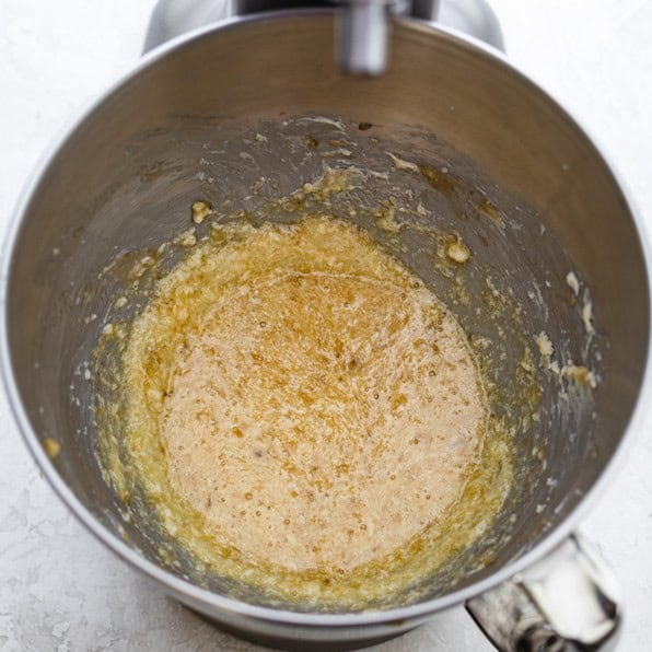 Added egg, banana, and vanilla into the creamed sugar and butter mixture.