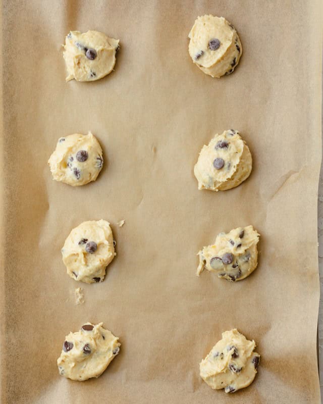 Banana Chocolate Chip Cookies on a baking sheet before baking.