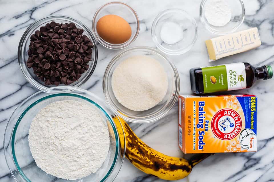 Ingredients to make banana chocolate chip cookies.