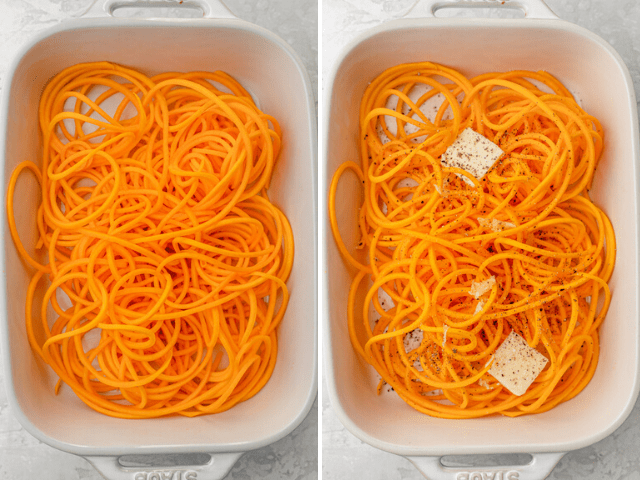 Collage showing the noodles on a baking dish without seasoning and then with seasoning and butter