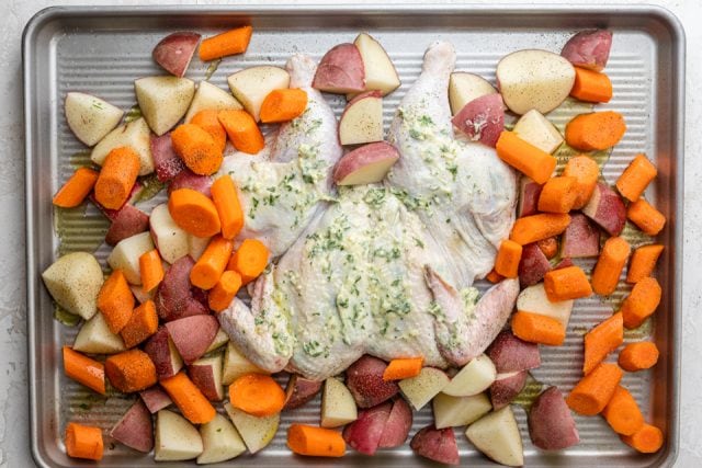 Vegetables added on baking pan around the spatchcocked chicken
