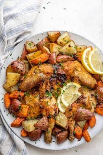 Spatchcock Chicken with potatoes and vegetables