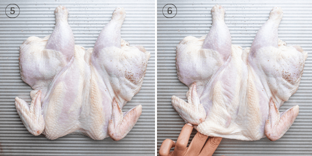 Process shots showing the herbed butter getting stuffed under the skin of the chicken