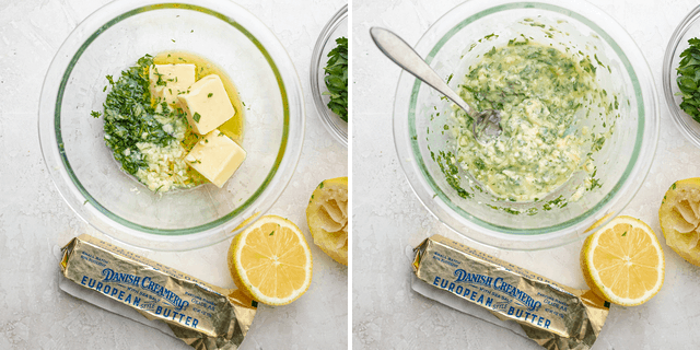 Process shots showing the herbed butter before and after mixing