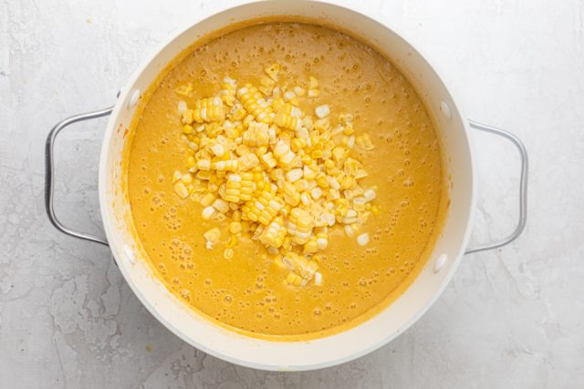 Final potato corn chowder with fresh corn added on top