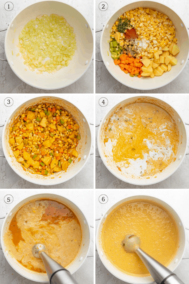 Collage showing how to make vegan corn chowder
