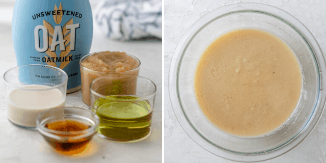 Process shots showing the wet ingredients measured out and then mixed together
