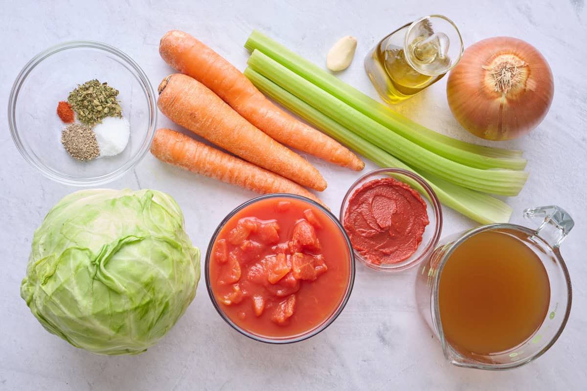 Ingredients to make cabbage soup.