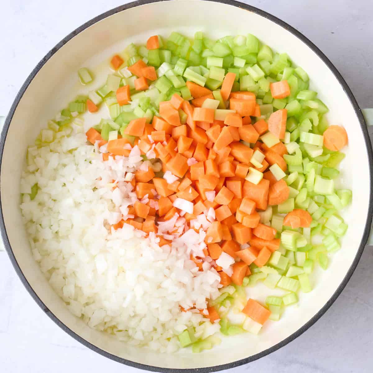 Onions, celery and carrots in a pot.