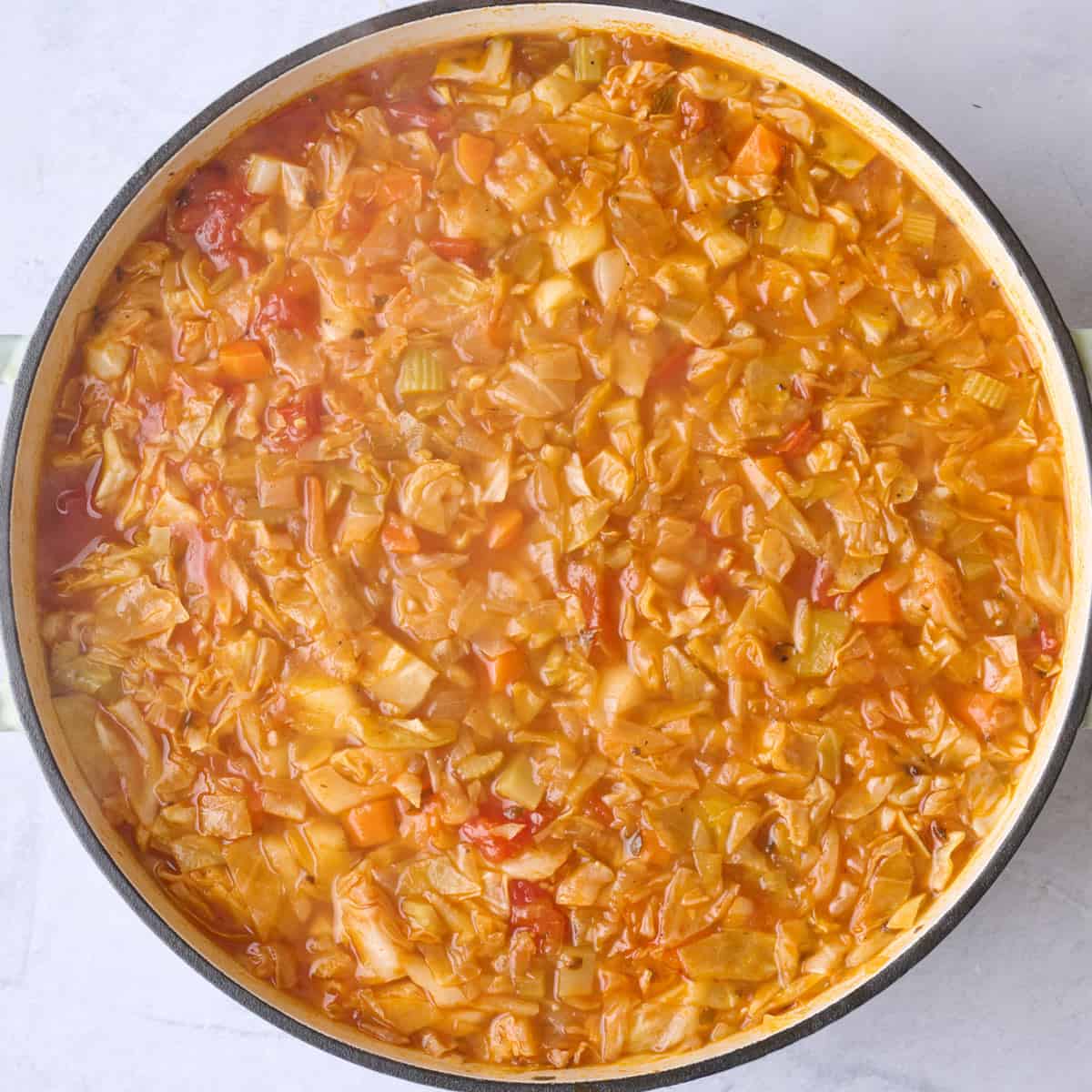 Cabbage soup in pot after cooking.