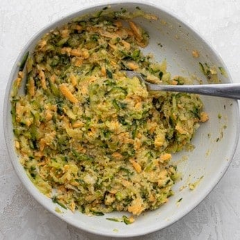 Ingredients for the zucchini tots in a bowl after combining.