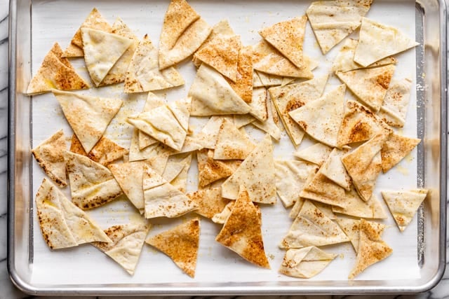 Pita tossed with olive oil, garlic powder, salt and pepper
