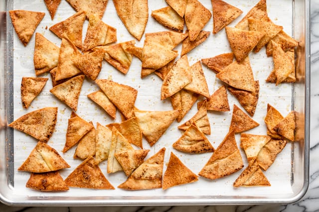 Homemade pita chips when they come out of the oven