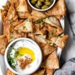 Platter of pita chips with labneh