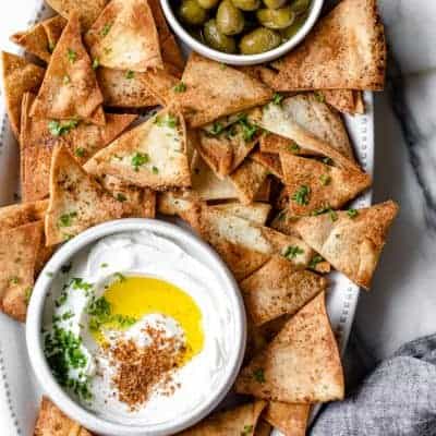 Platter of pita chips with labneh