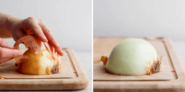 Collage showing how to peel an onion