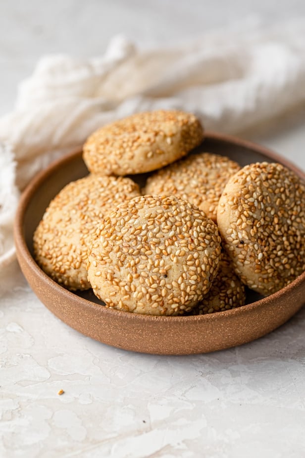 Small bowl of honey tahini cookies