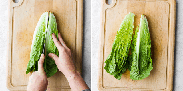 collage of cutting lettuce in half