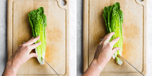 collage of knife removing the base of the lettuce